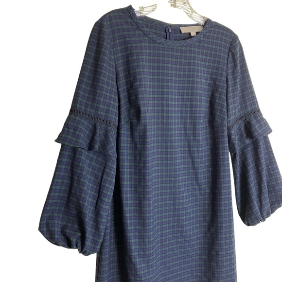 Loft Green And Navy Tartan Plaid Balloon Ruffle Sleeve A-line Mini Dress Sz 4 - Picture 3 of 16